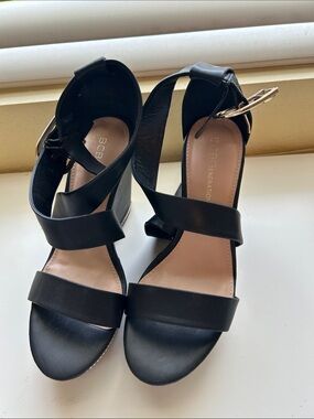 BCBGeneration Black Strappy Wedge Sandals with Ankle Buckle